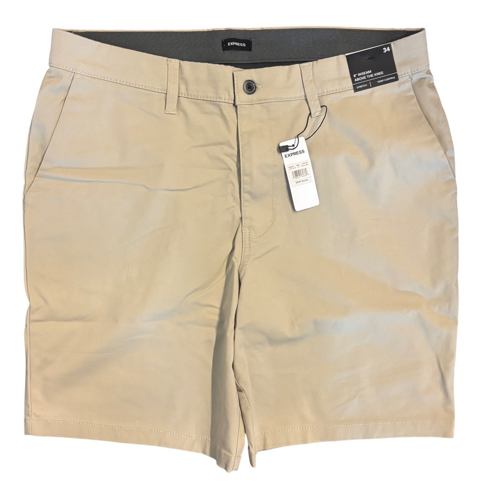 Express Mens 8‎ Inch Inseam Stretch Chino Shorts Light Khaki 34 NEW